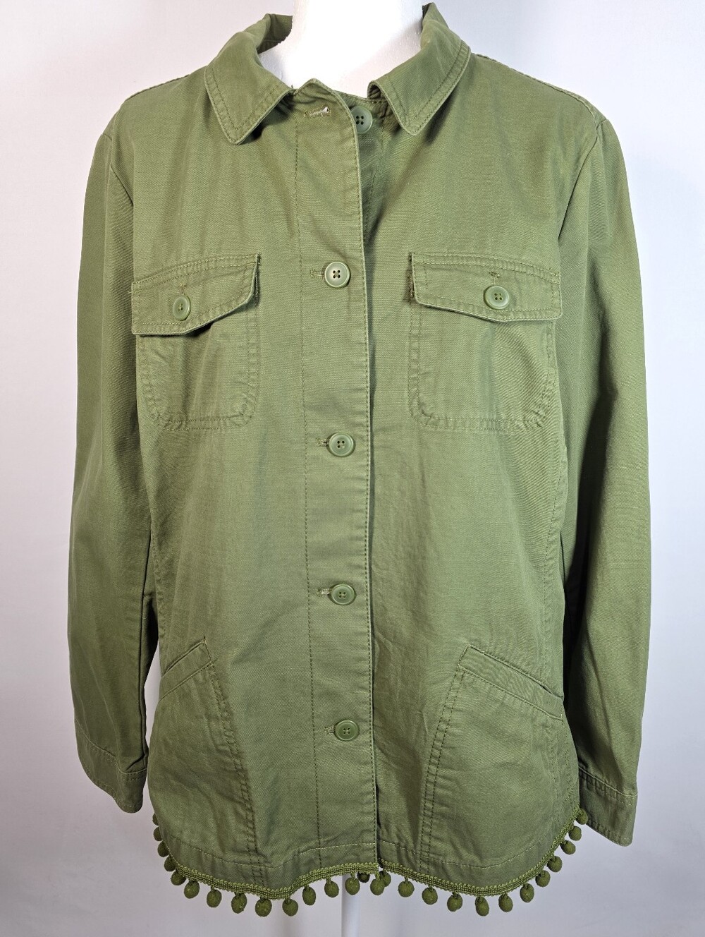 Talbots NWT Olive‎ Green Utility Jacket Pom Pom Trim XL Safari Military